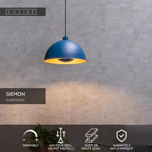 Lucide SIEMON - Suspension - Ø 40 cm - 1xE27 - Bleu - USP